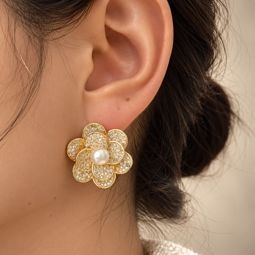 Elodie Crystal Flower Pearl Stud Earrings – Gold Tone Floral Statement Earrings