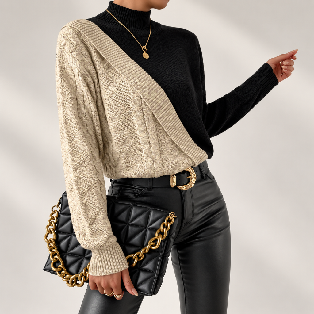Sienna Women’s Asymmetrical Cable Knit Mock Neck Sweater