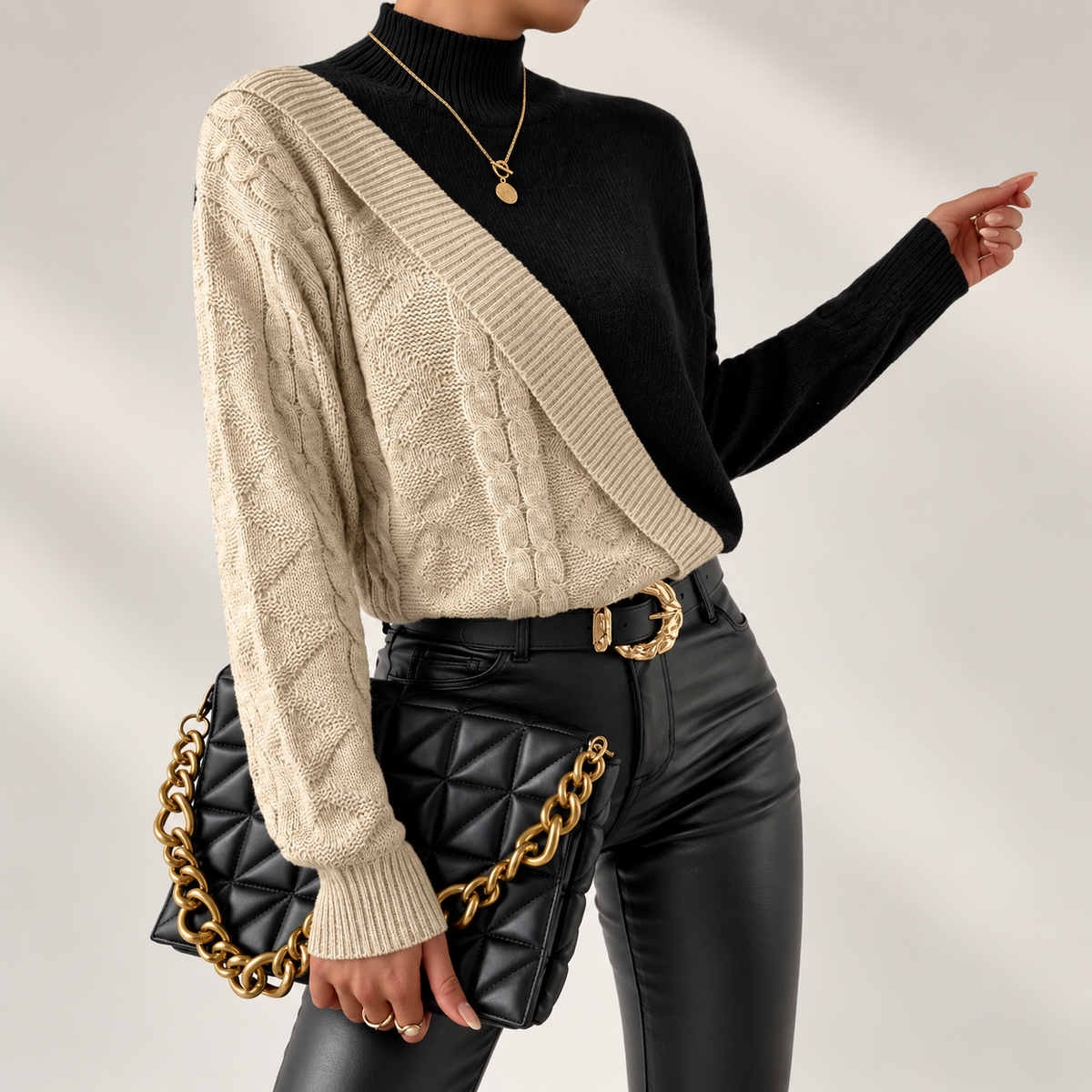 Sienna Women’s Asymmetrical Cable Knit Mock Neck Sweater