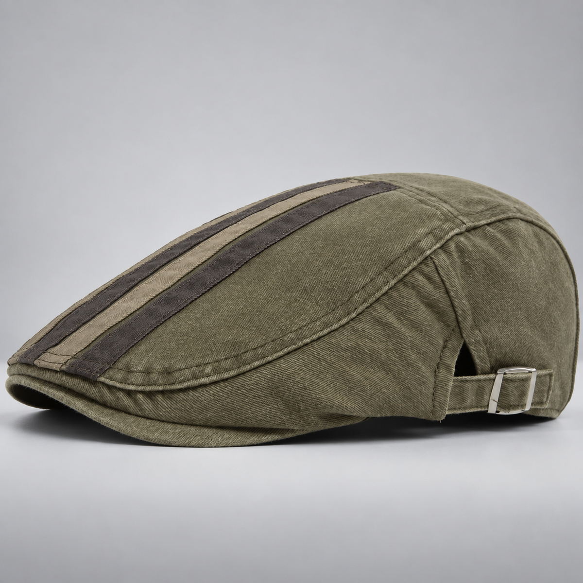 Alistair Washed Stripe Flat Cap with Adjustable Buckle