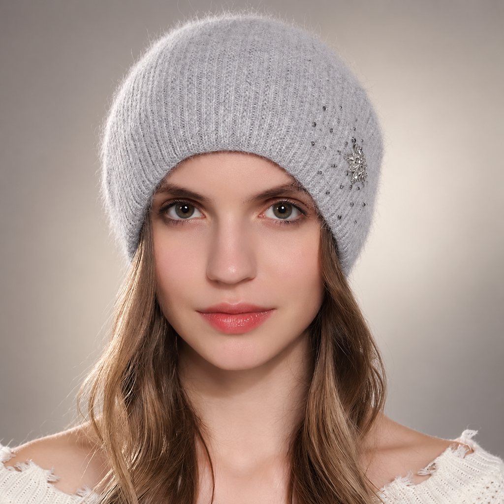 Isabelle Women’s Fuzzy Knit Beanie – Rhinestone Accent Winter Hat