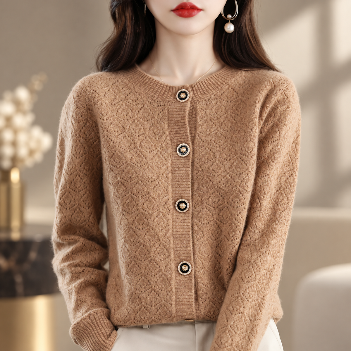 Amelie Women's Pointelle Knit Button-Front Cardigan with Decorative Buttons