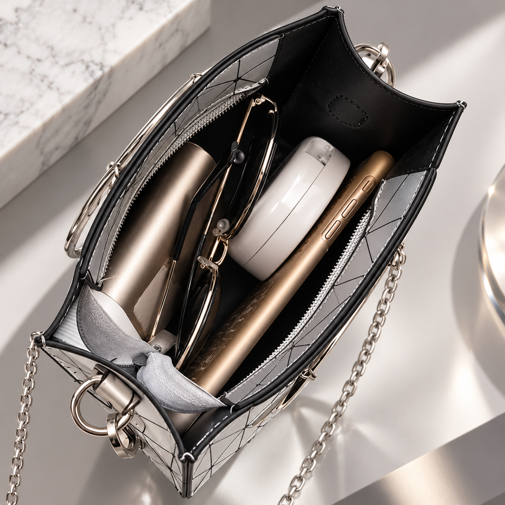 Alessia Silver Geometric Mini Handbag with Ring Handles & Chain Strap