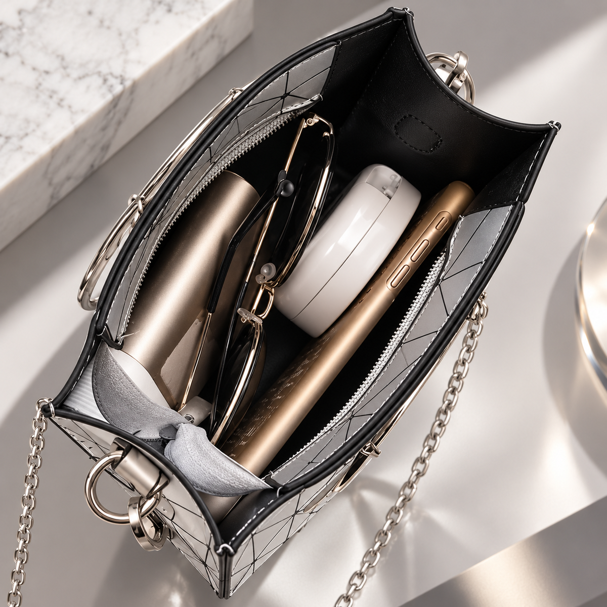 Alessia Silver Geometric Mini Handbag with Ring Handles & Chain Strap