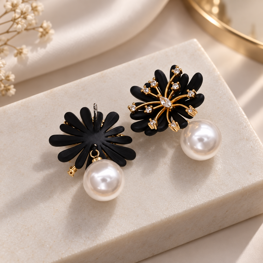 Camille Floral Pearl Drop Stud Earrings – Crystal Accent Flower Statement Earrings