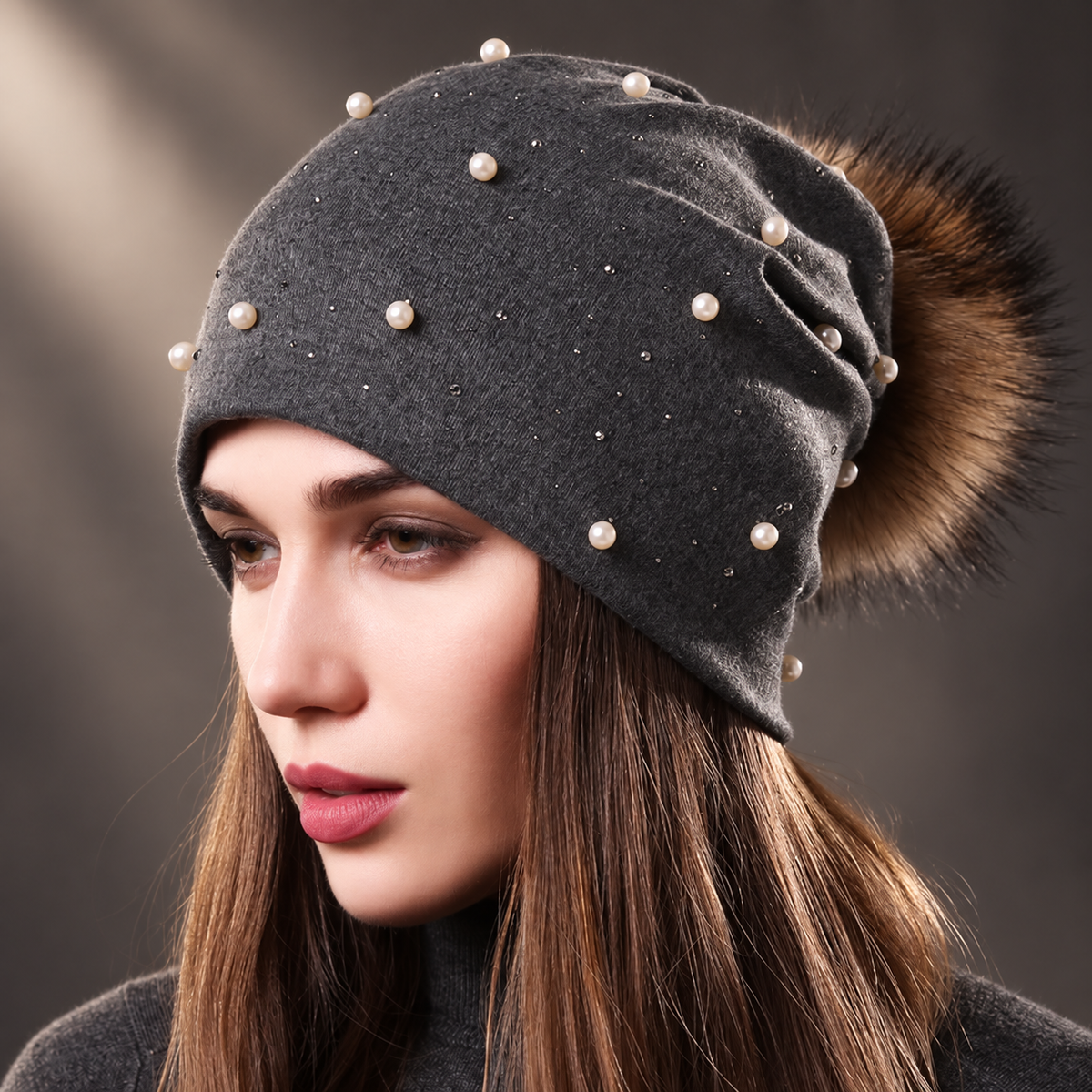 Cambria Women’s Pearl Embellished Slouch Beanie – Fur-Look Pom Winter Hat