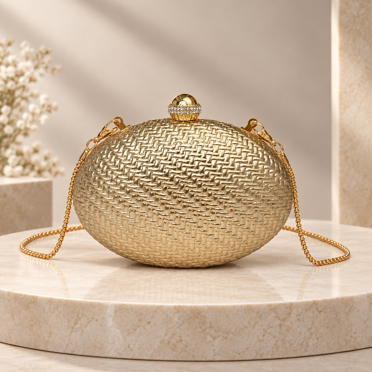 Siena Oval Woven Evening Clutch with Crystal-Accent Clasp
