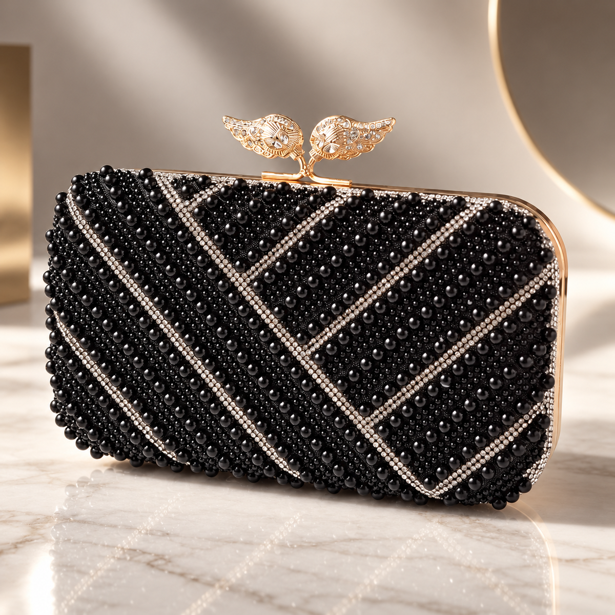 Rosalie Pearl Beaded Evening Clutch with Leaf Top Clasp