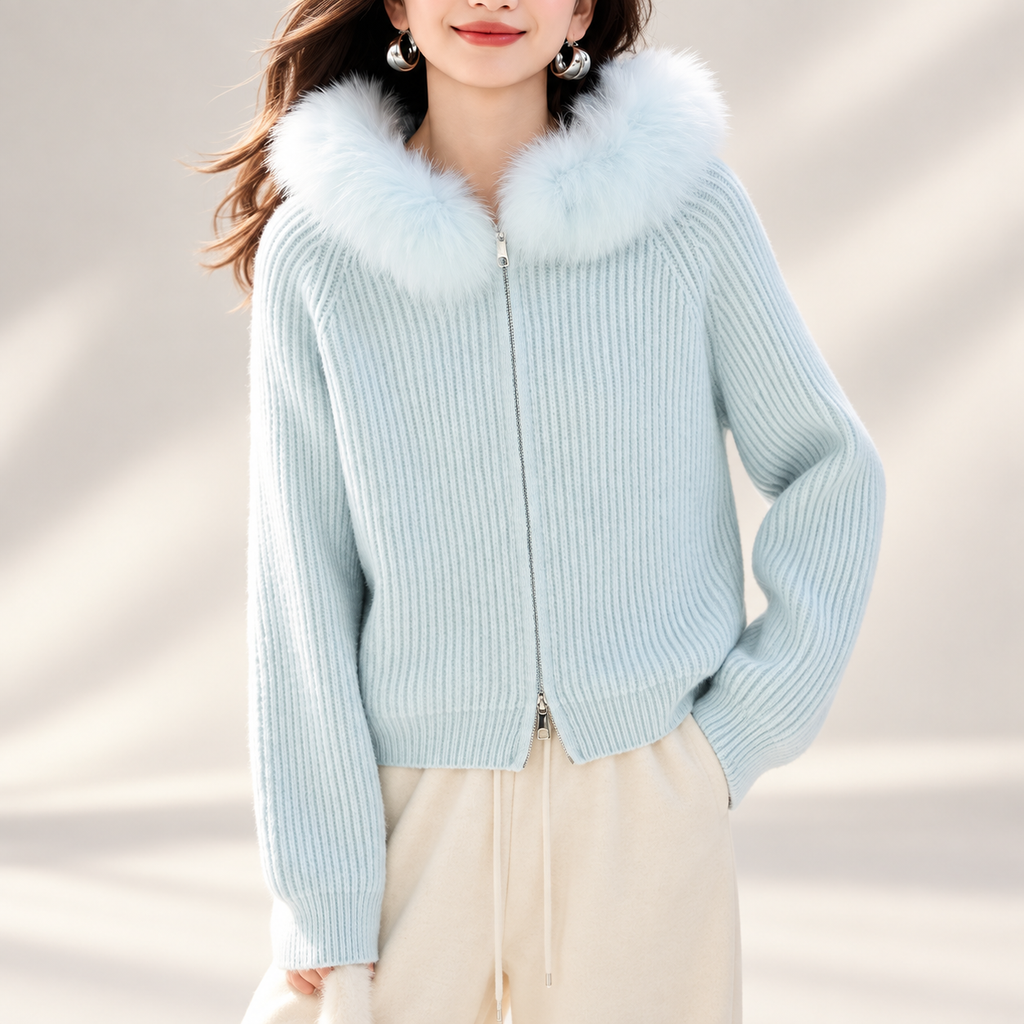 Amélie Women’s Ice Blue Rib-Knit Zip-Up Hooded Cardigan with Plush Trim