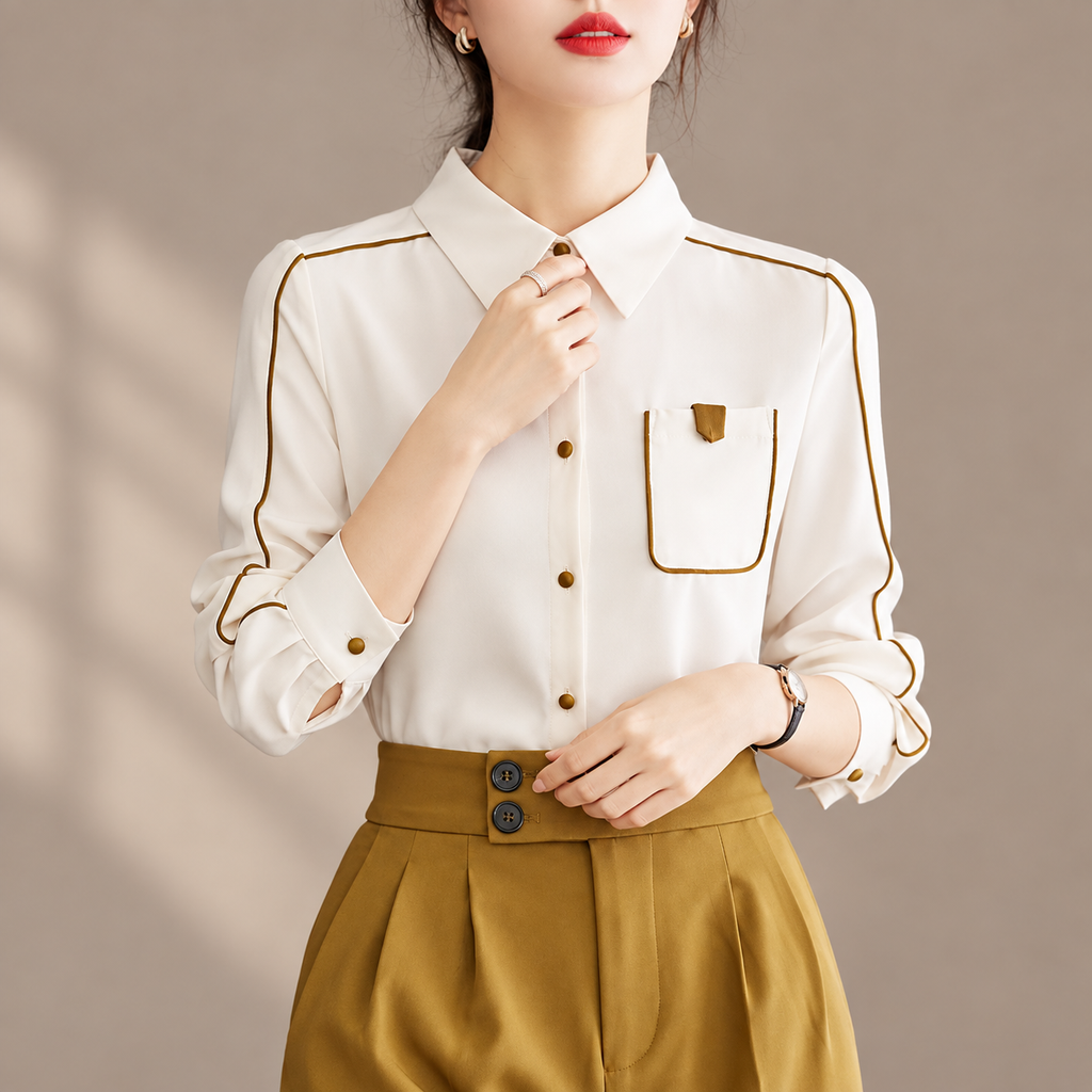 Isabella Women’s Contrast Piping Button-Down Blouse
