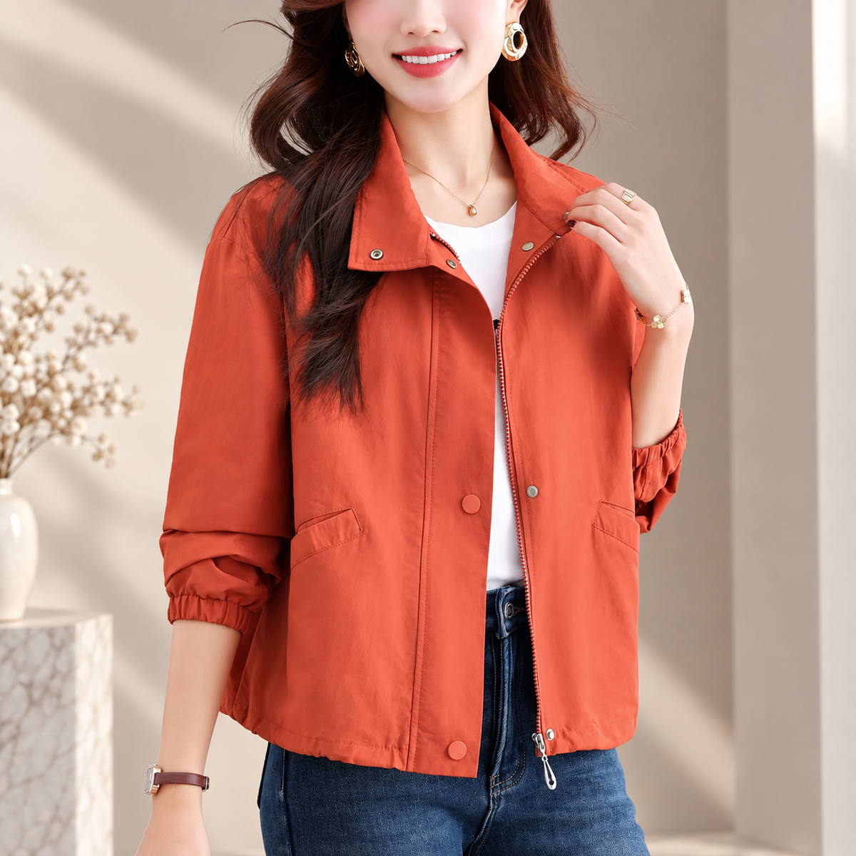 Juliette Women’s Lightweight Zip Front Jacket – Stand Collar Long Sleeve Casual Coat