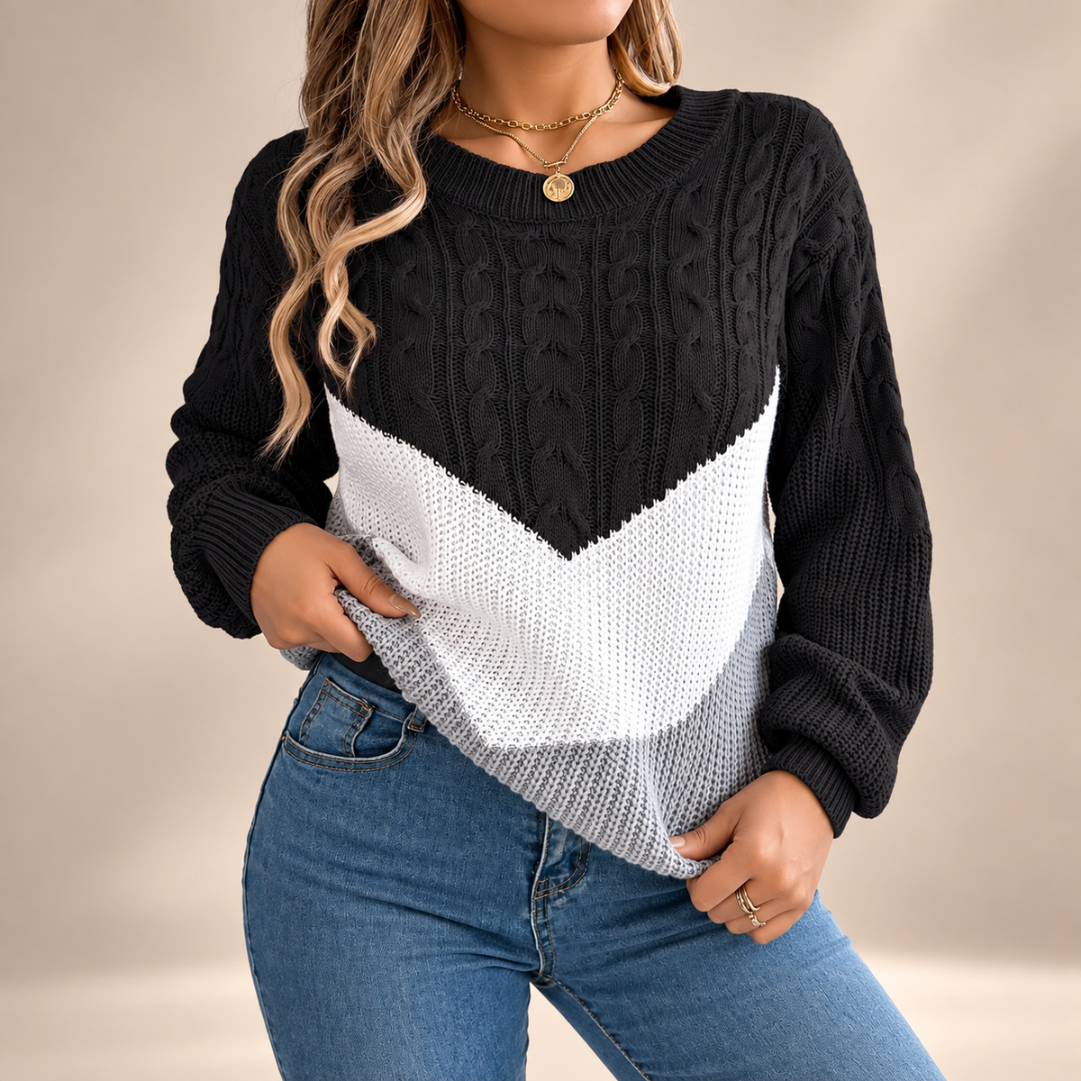 Camille Women’s Cable Knit Colorblock Crewneck Sweater