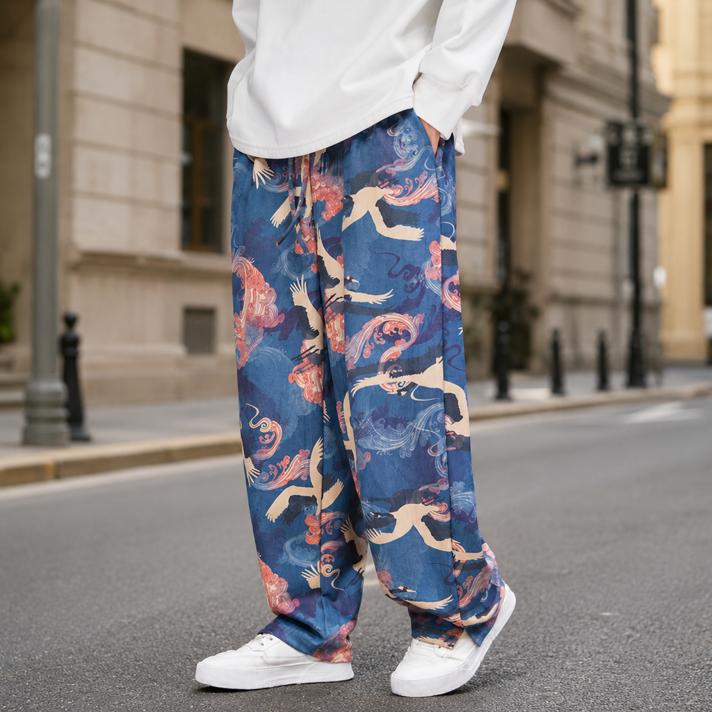 Matteo Men's Relaxed Wide-Leg Crane Print Drawstring Pants