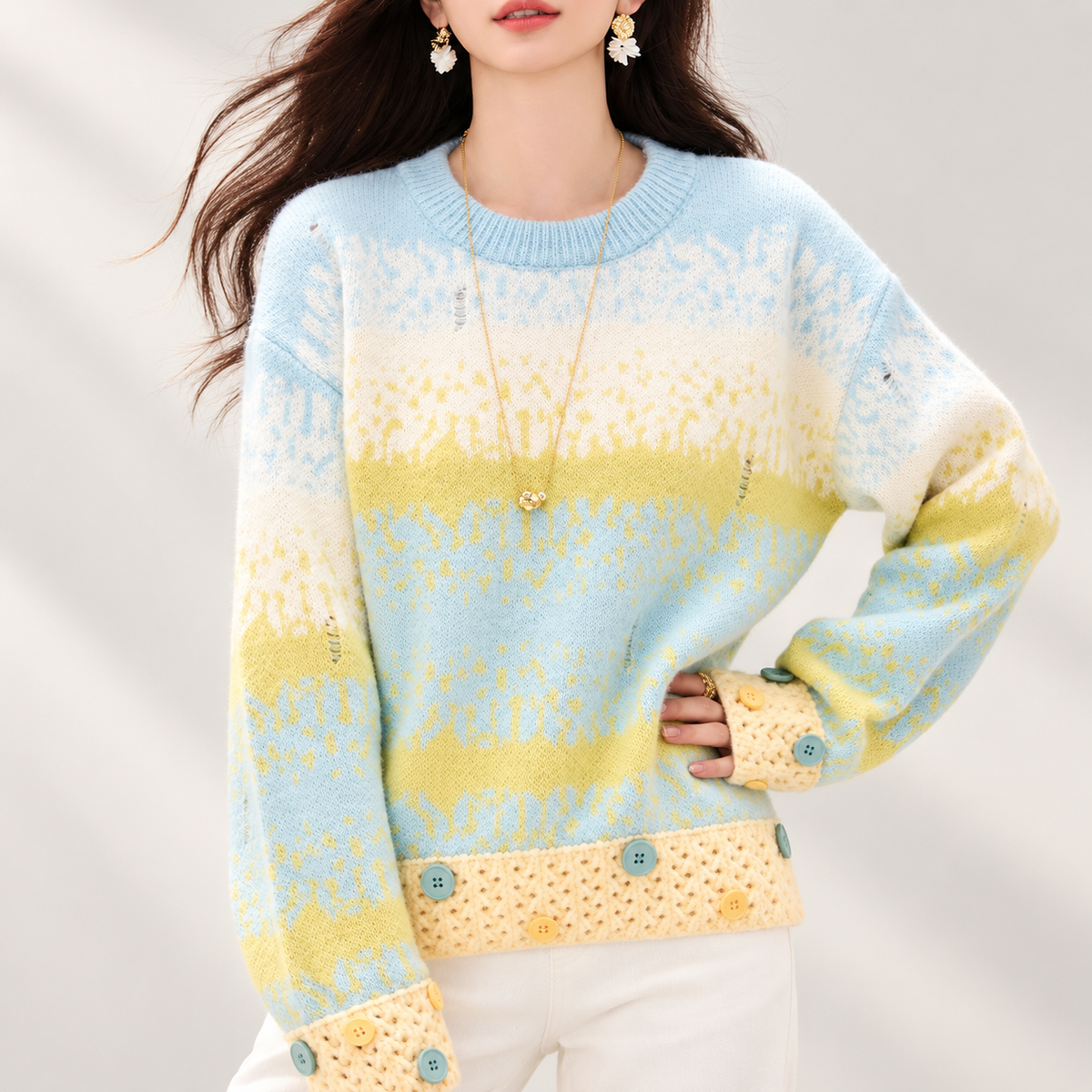 Aurelia Women’s Pastel Fair Isle Button-Trim Knit Sweater