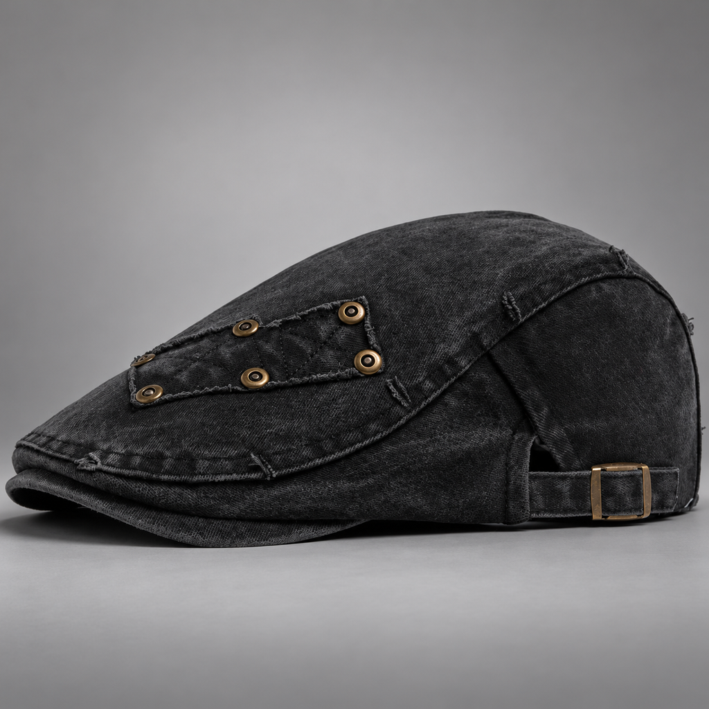 Callum Washed Flat Cap with Rivet Patch and Adjustable Buckle