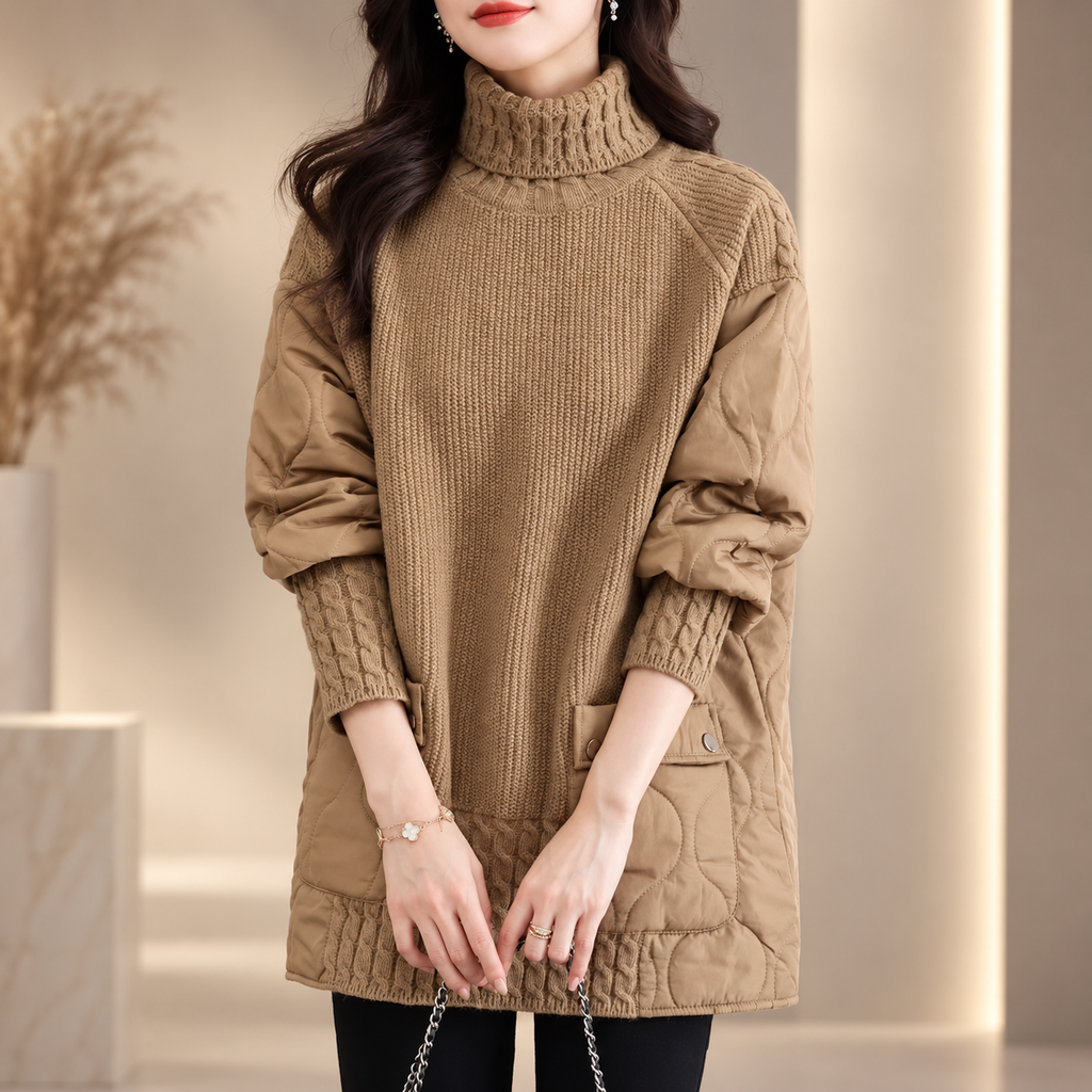 Alessia Women’s Turtleneck Mixed-Media Knit Tunic – Long Sleeve Pullover with Patch Pockets