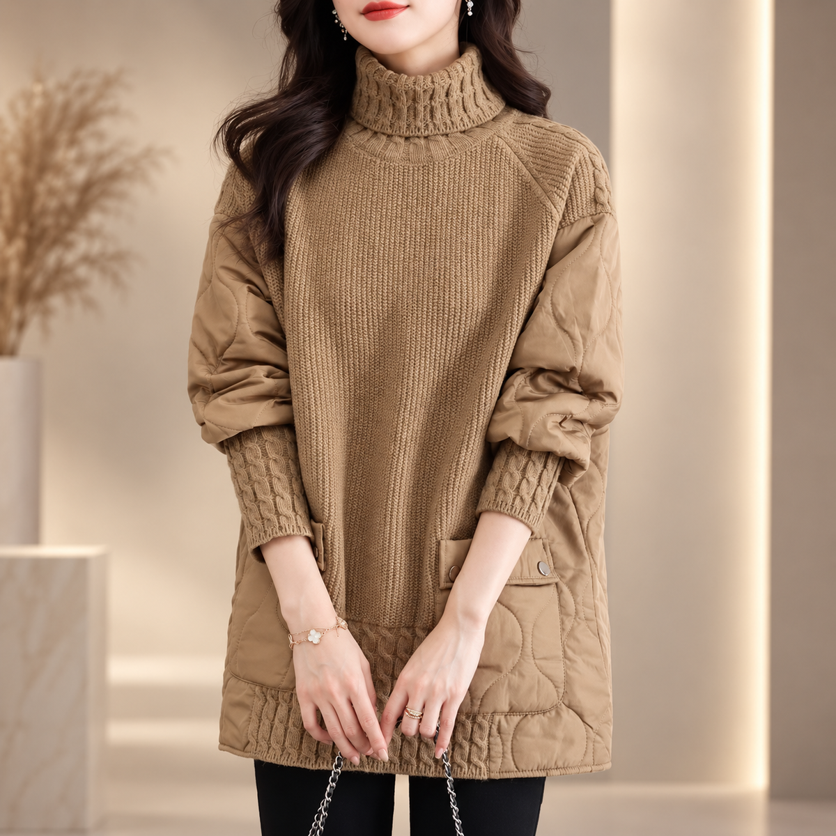 Alessia Women’s Turtleneck Mixed-Media Knit Tunic – Long Sleeve Pullover with Patch Pockets