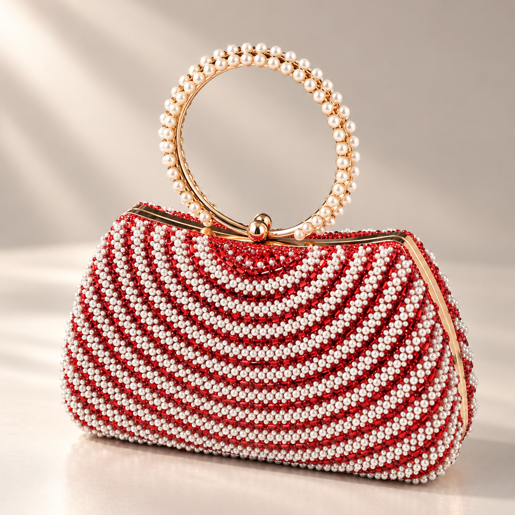 Camille Pearl Beaded Ring Handle Evening Clutch Bag