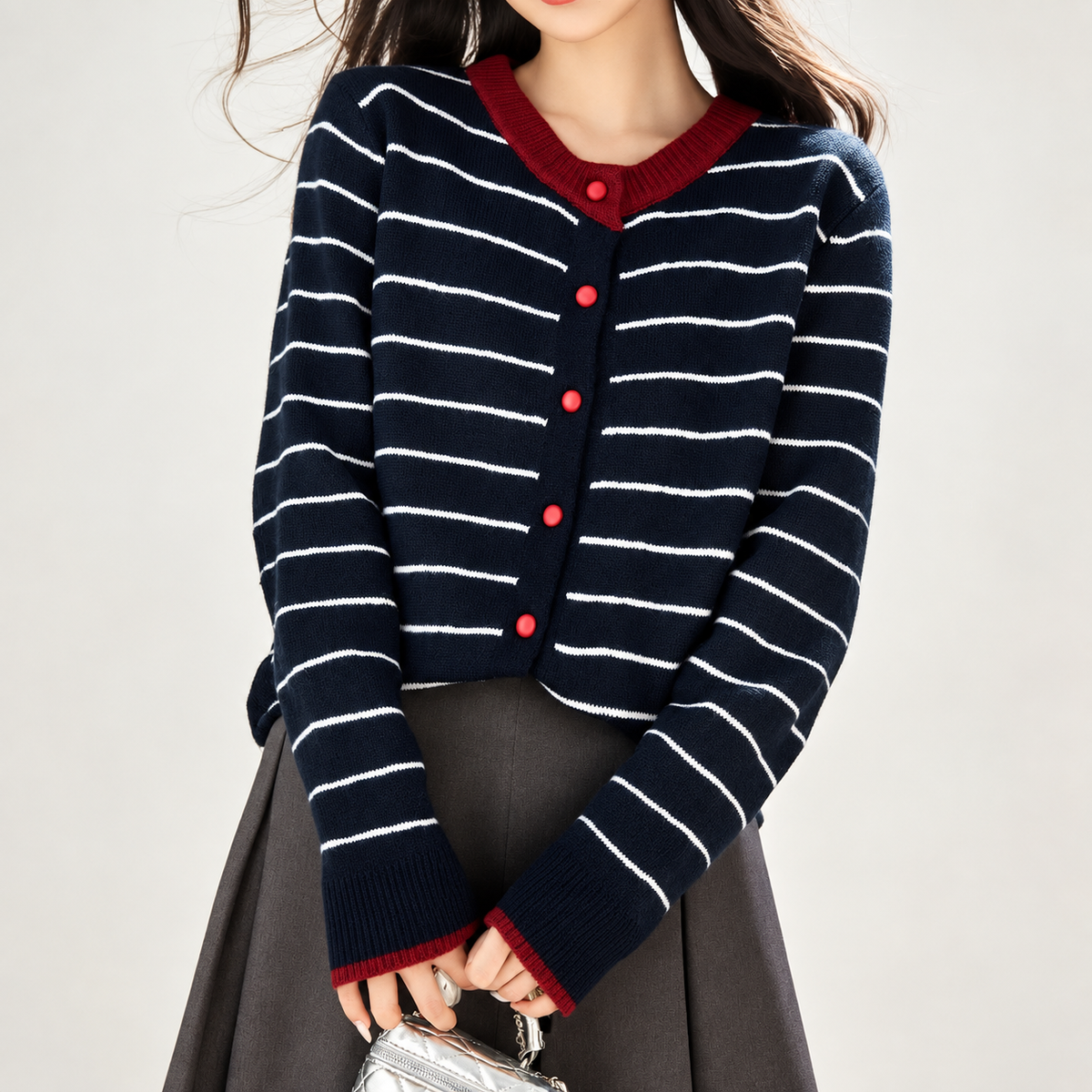 Beatrice Contrast Trim Striped Knit Cardigan