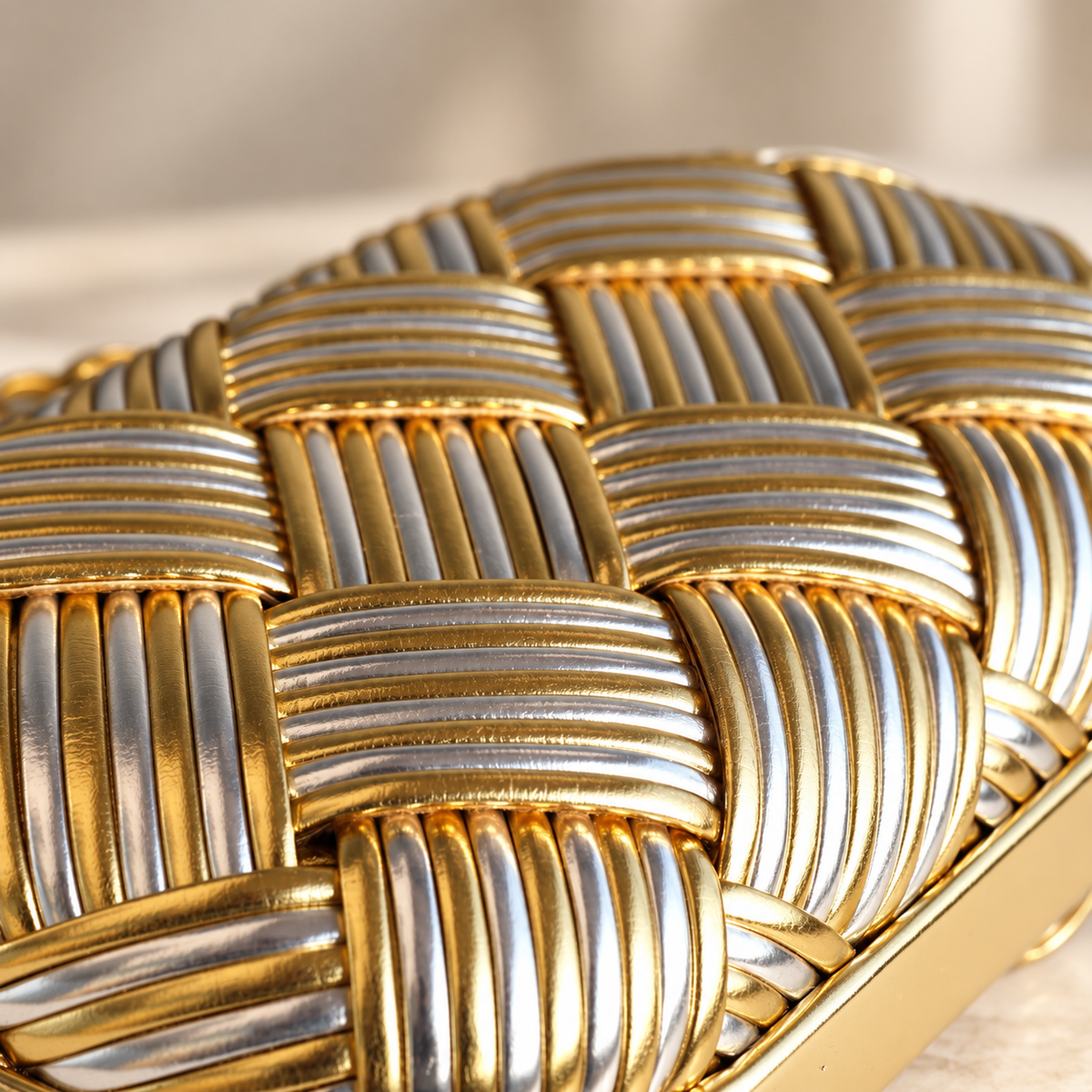 Camille Woven Metallic Evening Clutch Bag with Knot Clasp
