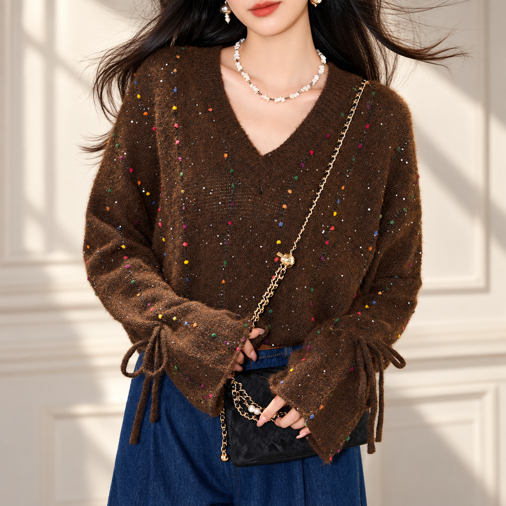 Rosalie Women’s Confetti V-Neck Tie-Cuff Knit Sweater
