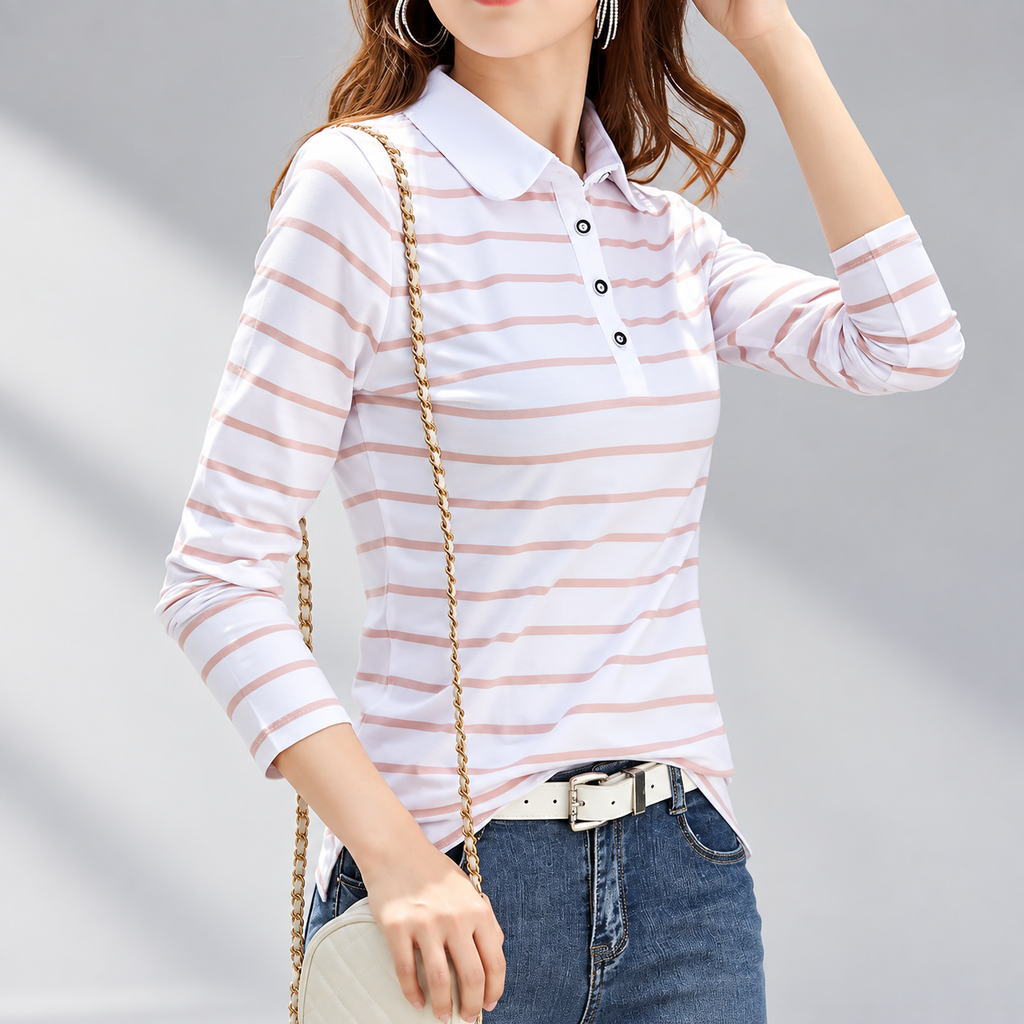 Camille Women’s Long Sleeve Striped Polo Shirt