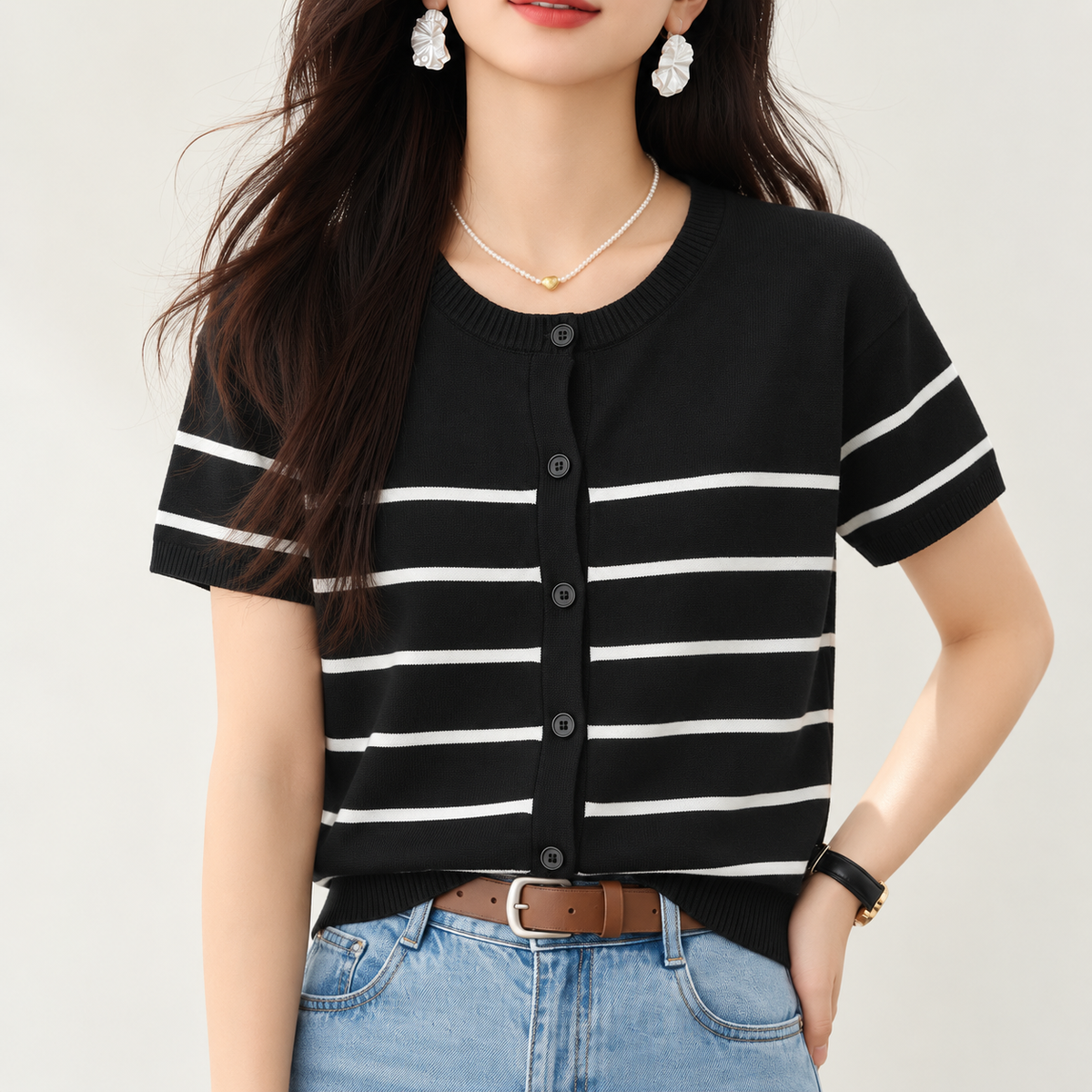 Clara Striped Short Sleeve Knit Cardigan