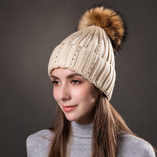 Adeline Women’s Rhinestone Ribbed Pom-Pom Beanie