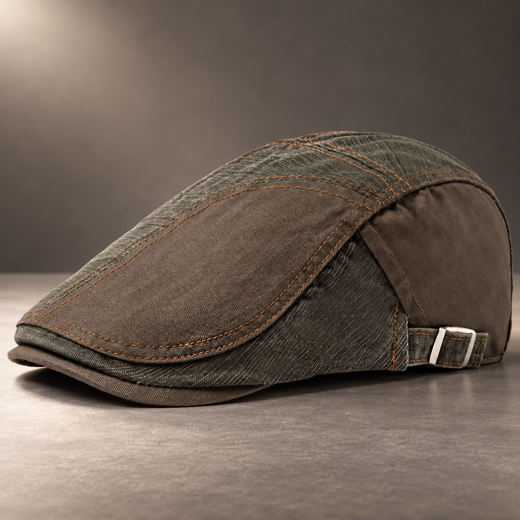 Ronan Men’s Washed Flat Cap – Adjustable Contrast Stitch Driving Hat