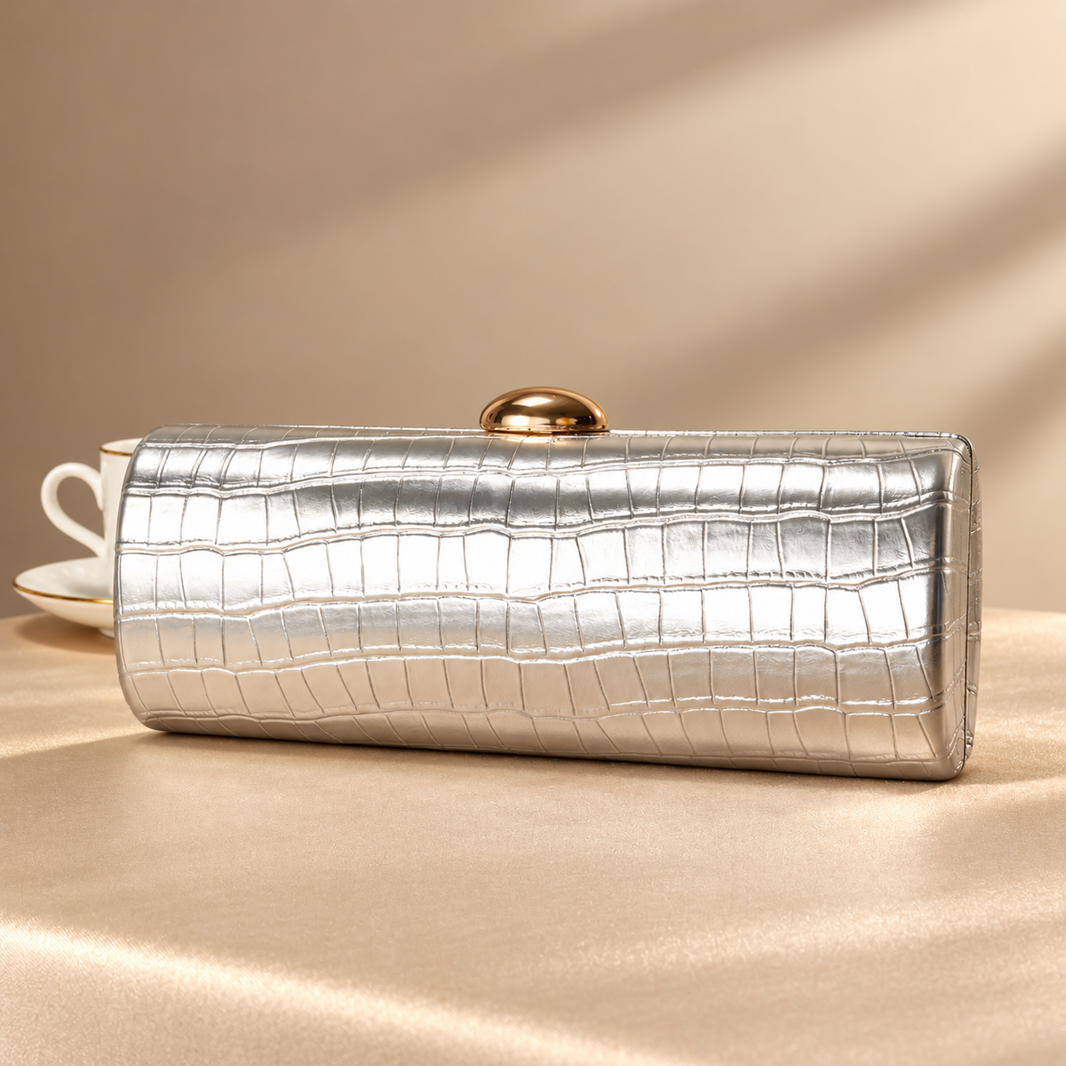Lucienne Croc-Embossed Metallic Clutch Bag with Chain Strap