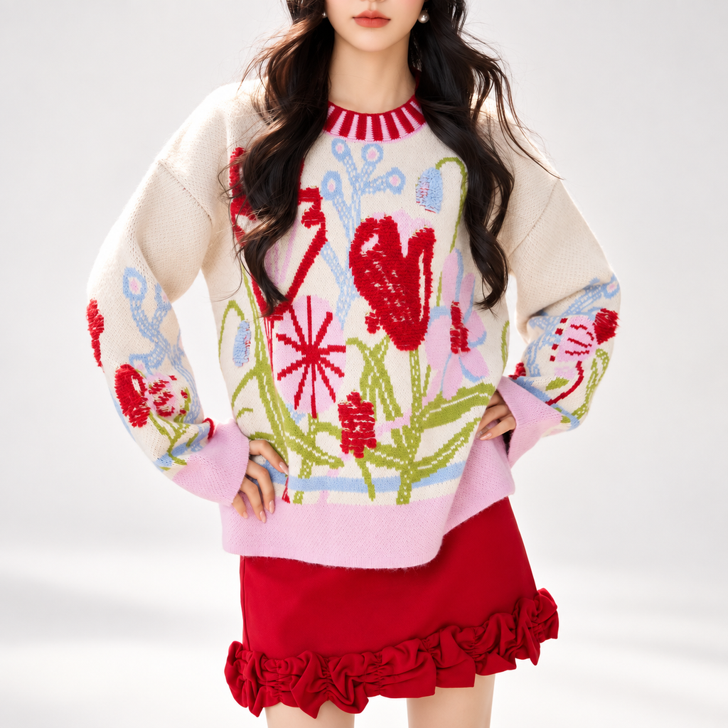 Elodie Women’s Floral Knit Crewneck Sweater