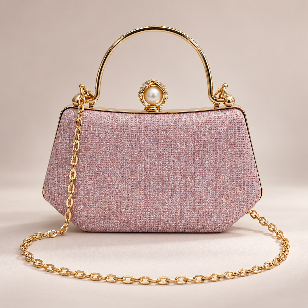 Elodie Pearl Clasp Glitter Evening Handbag with Chain Strap