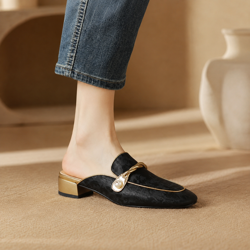 Bianca Satin Floral Mules for Women – Low Heel Slip-On Dress Shoes