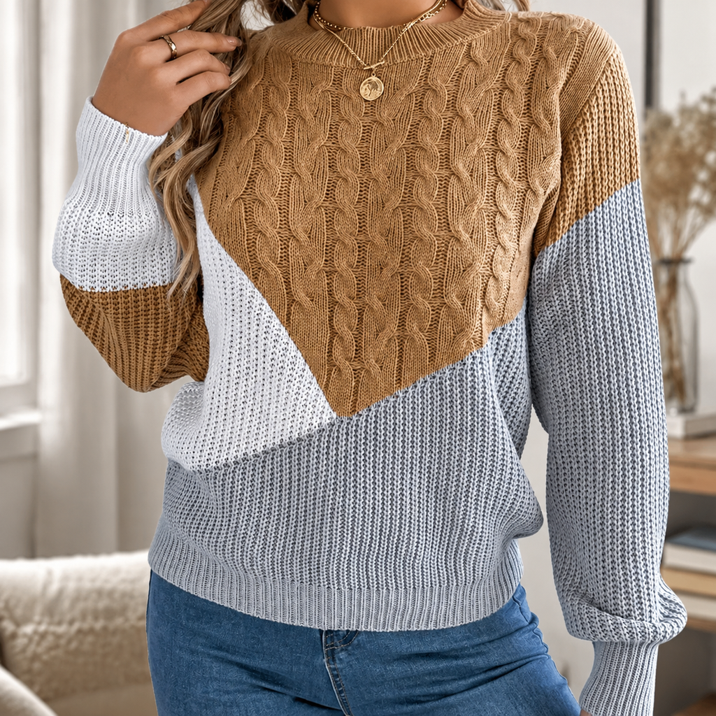 Camille Women’s Color Block Cable Knit Crew Neck Sweater