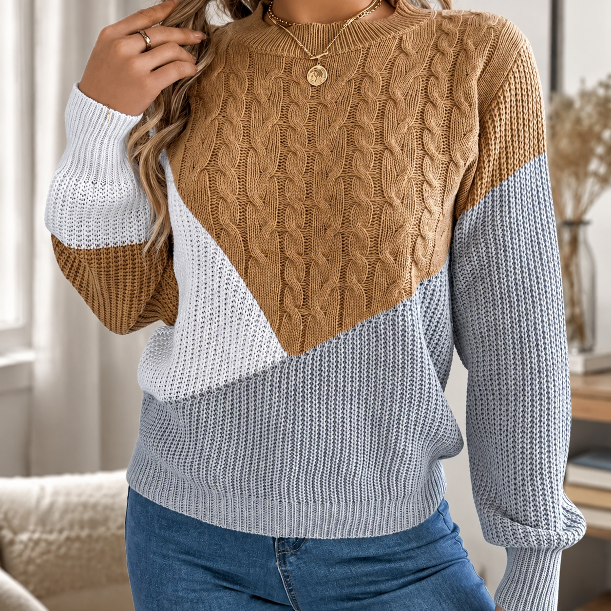 Camille Women’s Color Block Cable Knit Crew Neck Sweater
