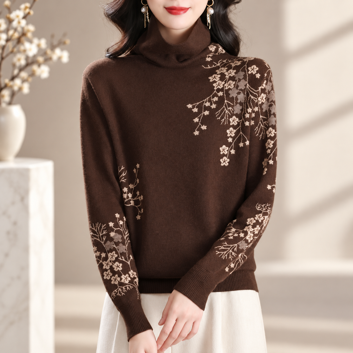 Arabella Women's Floral Turtleneck Knit Sweater with Long Sleeves