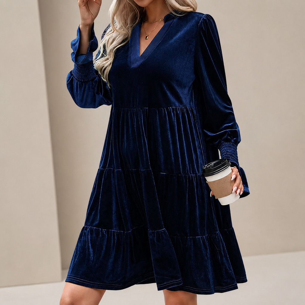 Rosalie Velvet Tiered Mini Dress – Long Sleeve V-Neck Dress with Smocked Cuffs