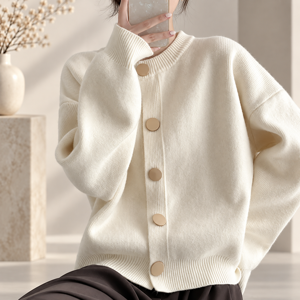 Elena Women's Round Neck Knit Cardigan with Oversized Buttons