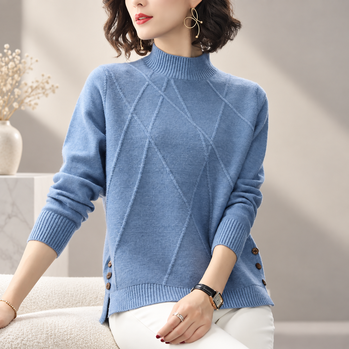 Adeline Textured Mock Neck Knit Sweater – Women’s Long Sleeve Side Button Pullover