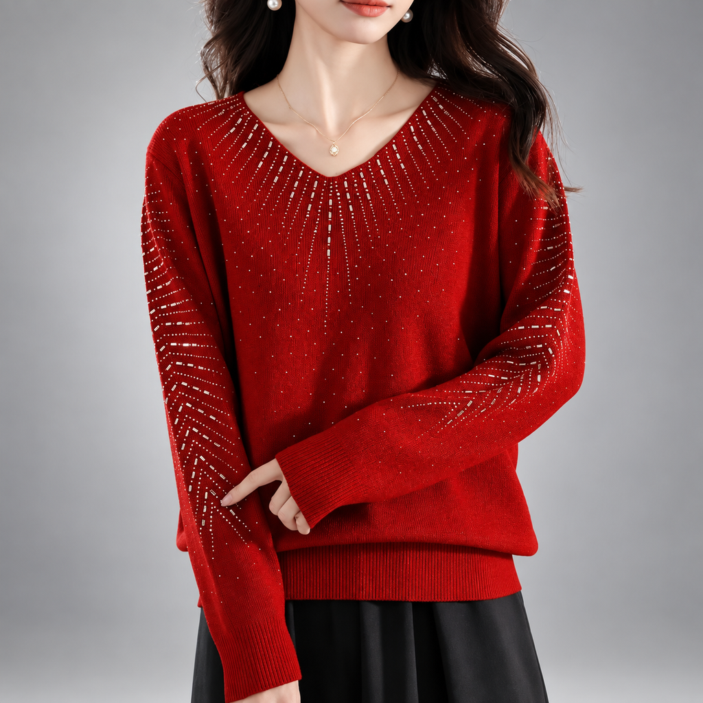 Serafina Women’s V-Neck Embellished Knit Sweater – Long Sleeve Rhinestone Detail Pullover