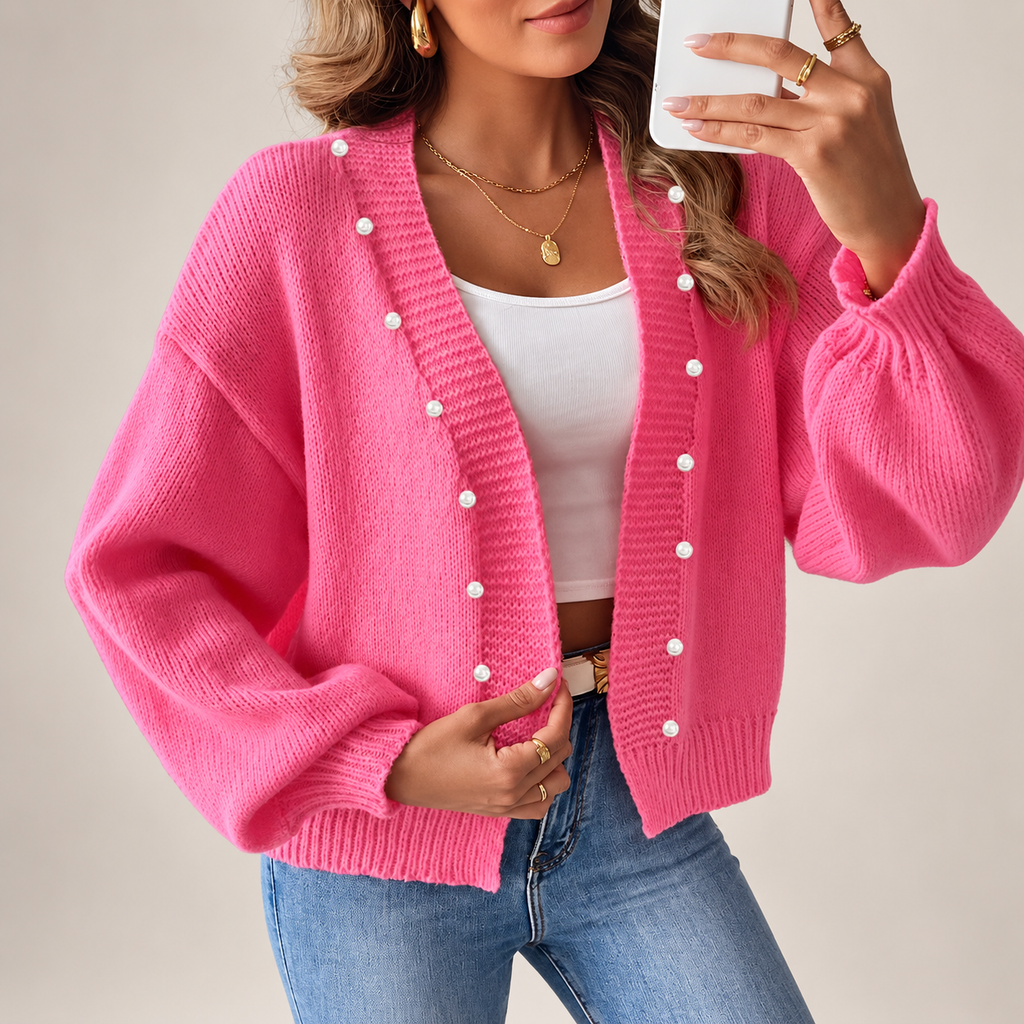 Isabella Women's Pearl-Button V-Neck Knit Cardigan with Balloon Sleeves