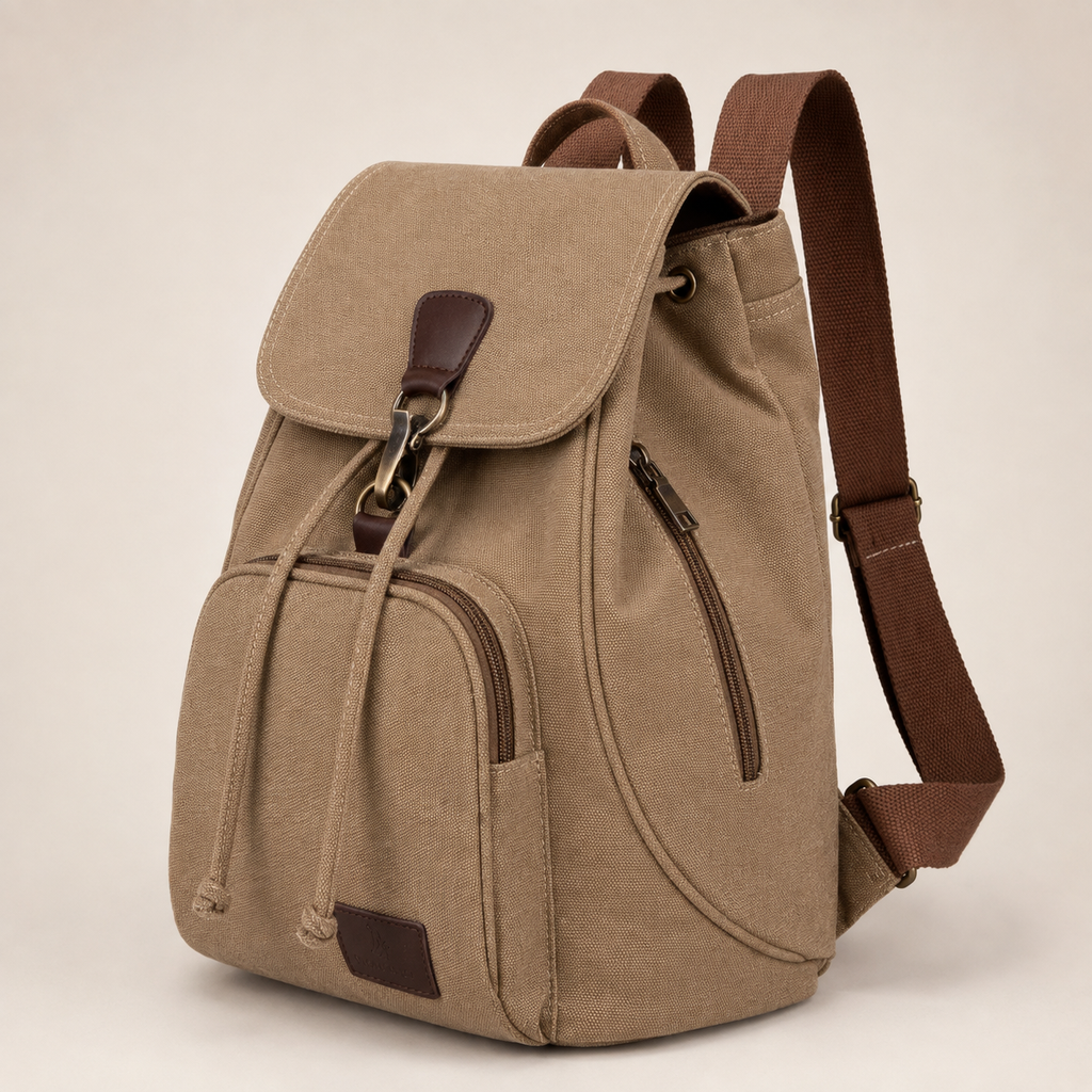 Marlowe Canvas Backpack – Drawstring Flap Rucksack with Front & Side Zip Pockets