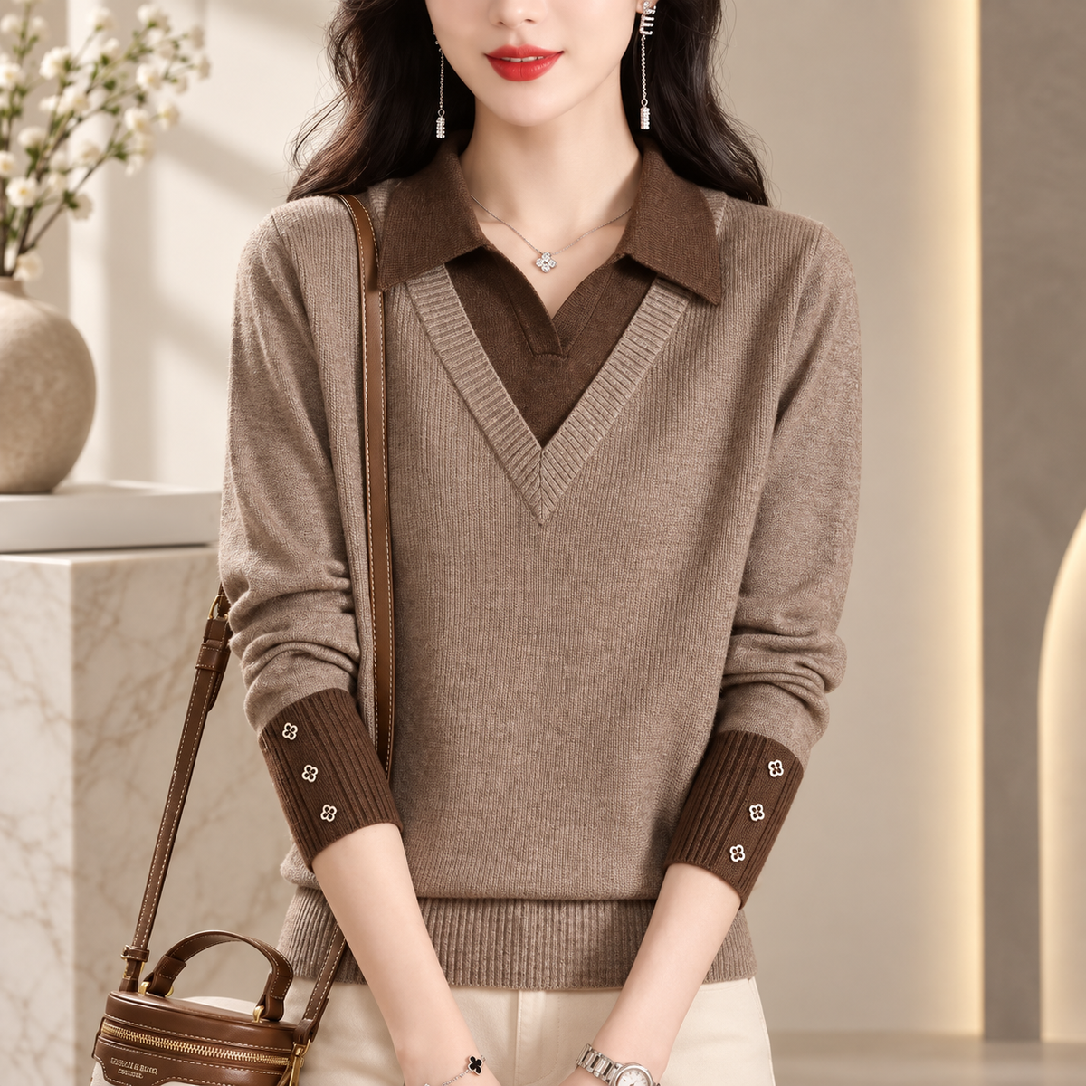 Emmeline Women’s Layered V-Neck Knit Sweater – Collared Long Sleeve Pullover