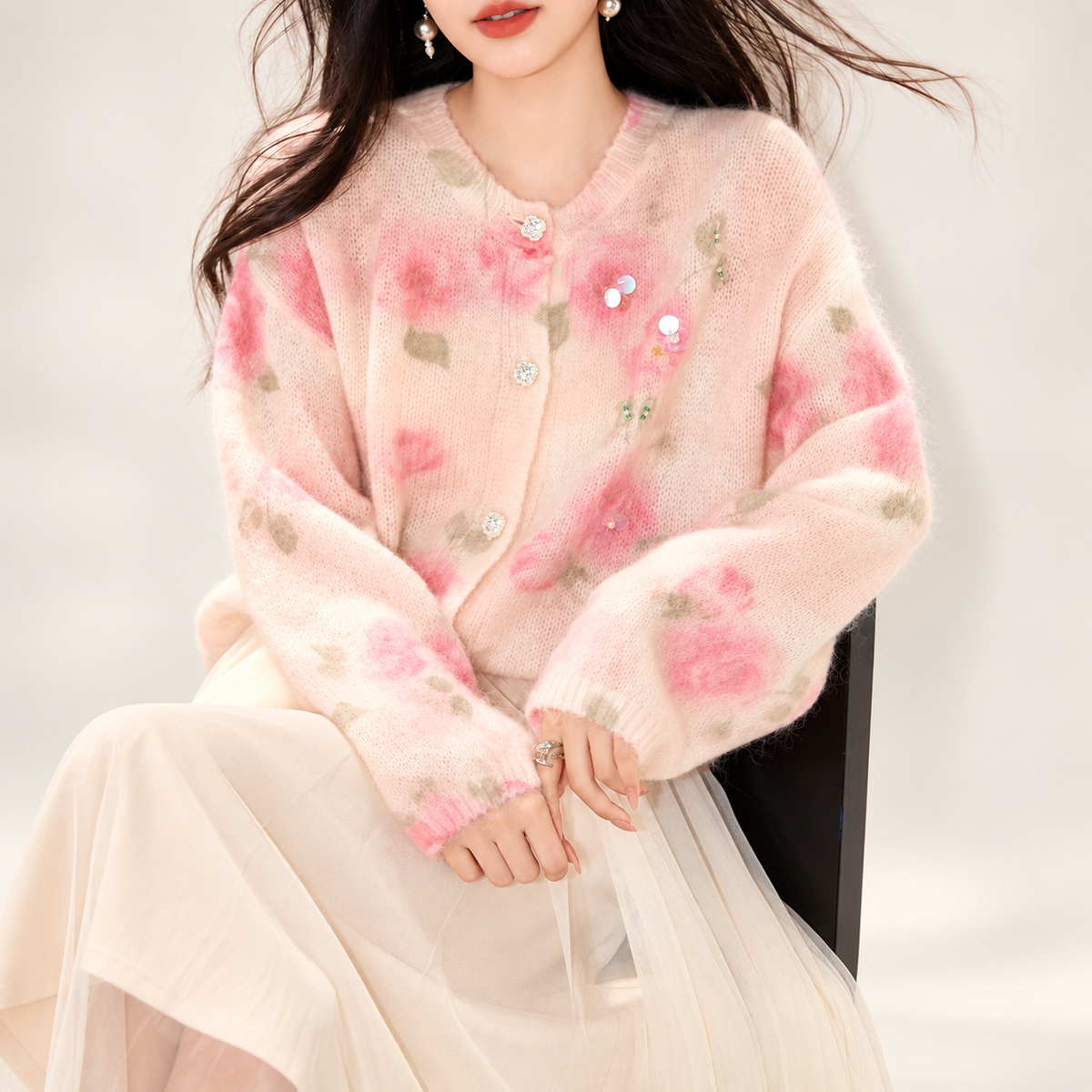 Rosalie Printed Floral Embellished Knit Cardigan