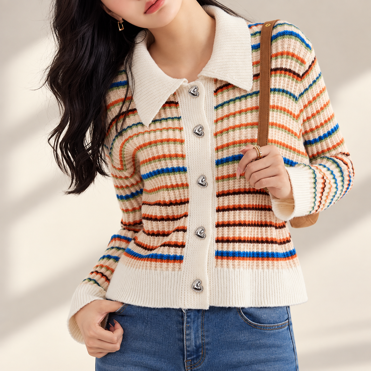 Rosalie Ivory Multi-Stripe Ribbed Knit Cardigan with Heart Buttons