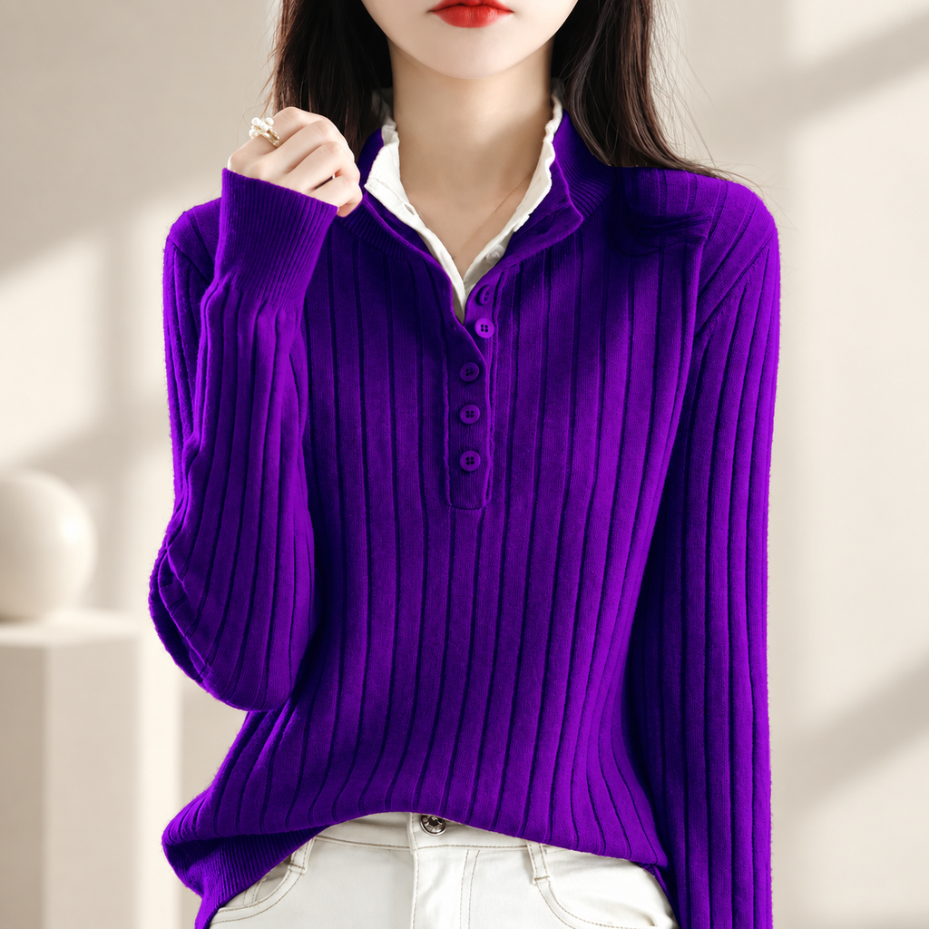 Felicity Women’s Ribbed Polo Knit Sweater – Long Sleeve Button Placket Pullover