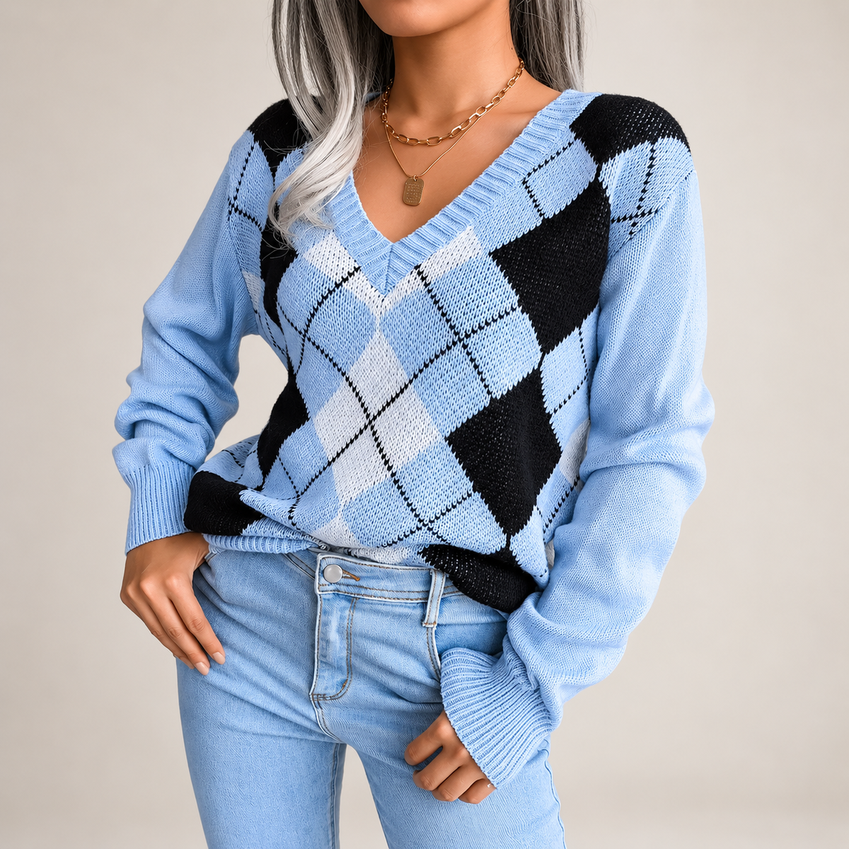 Beatrice Argyle V-Neck Knit Sweater – Women’s Long Sleeve Diamond Pattern Pullover