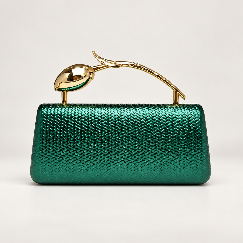 Camille Metallic Woven-Texture Evening Clutch with Sculptural Gold Handle