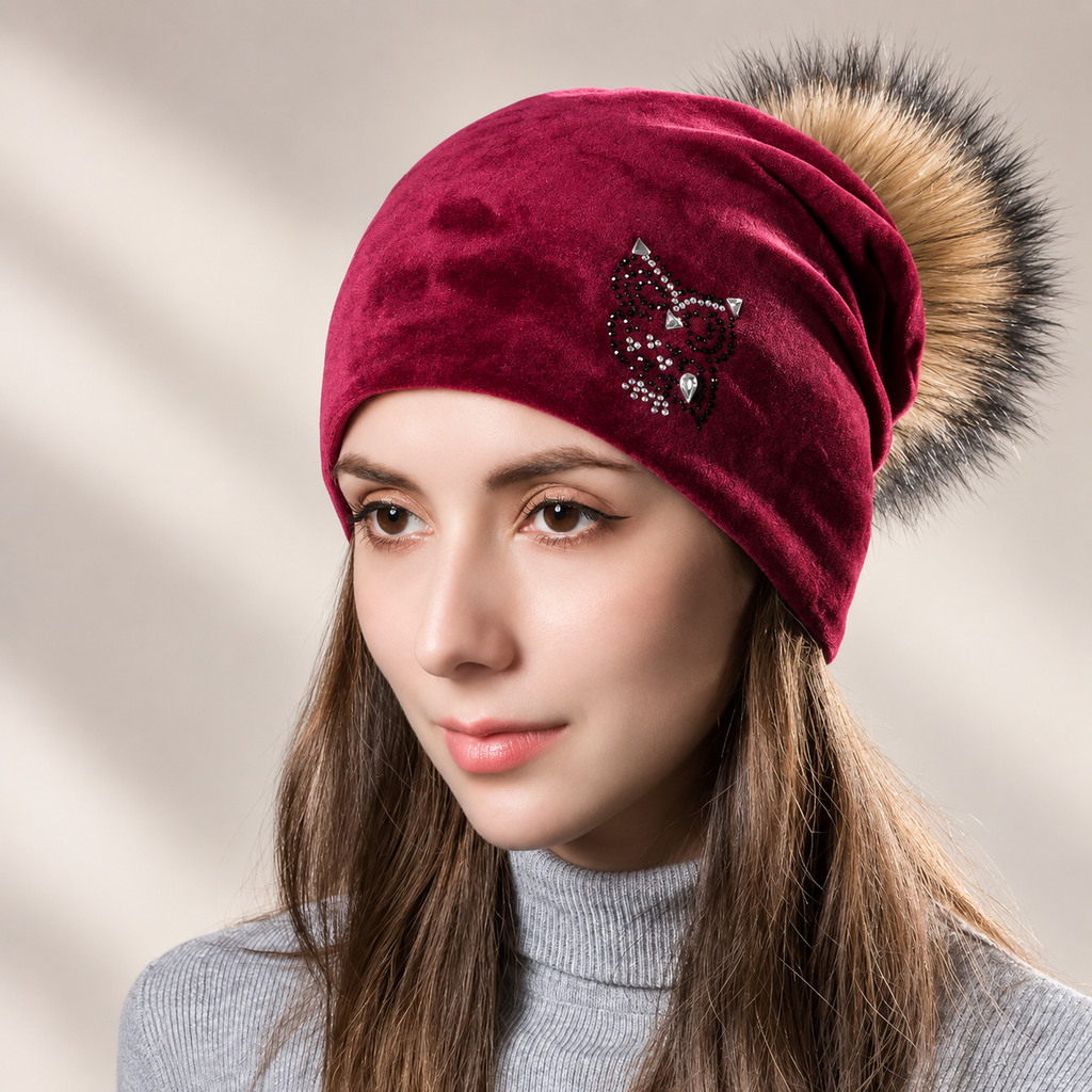 Noelle Women’s Velvet Slouch Pom-Pom Beanie