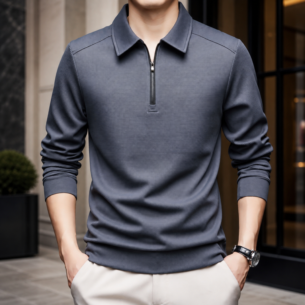 Lorenzo Men's Textured Quarter-Zip Long Sleeve Polo Shirt